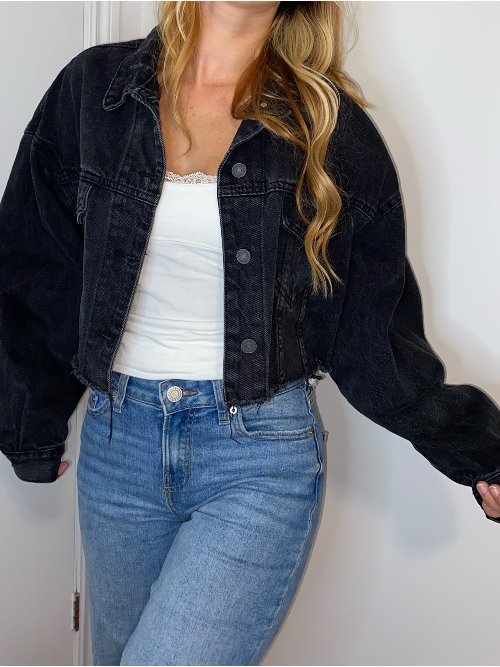 Black Cropped Distressed Oversized Denim Jacket